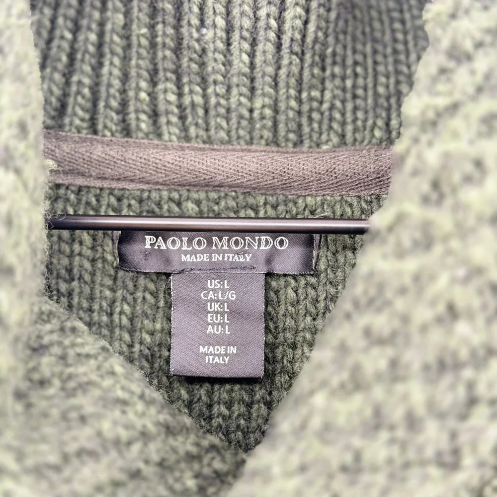 Dark Green Italian Fisherman Sweater L Shawl Collar Cable Knit Wool Blend Cozy